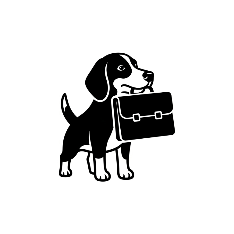 Icon Bürohunde Bremen Schwarz-weißer Hund der eine schwarze Aktentasche in der Schnauze trägt.